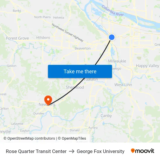 Rose Quarter Transit Center to George Fox University map