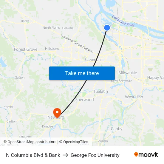 N Columbia Blvd & Bank to George Fox University map