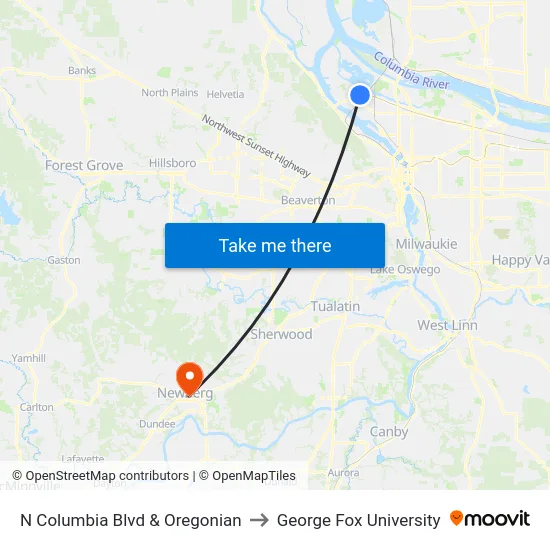 N Columbia Blvd & Oregonian to George Fox University map