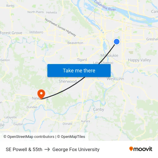 SE Powell & 55th to George Fox University map