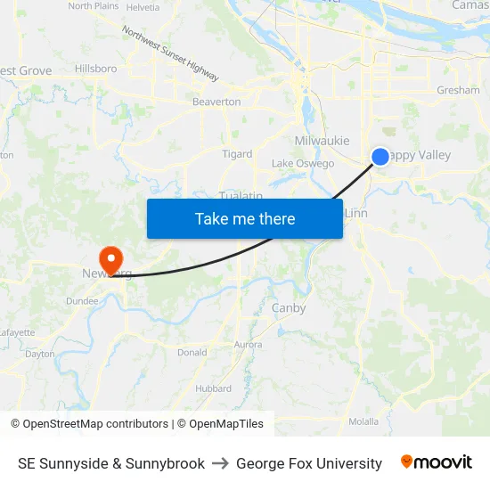 SE Sunnyside & Sunnybrook to George Fox University map