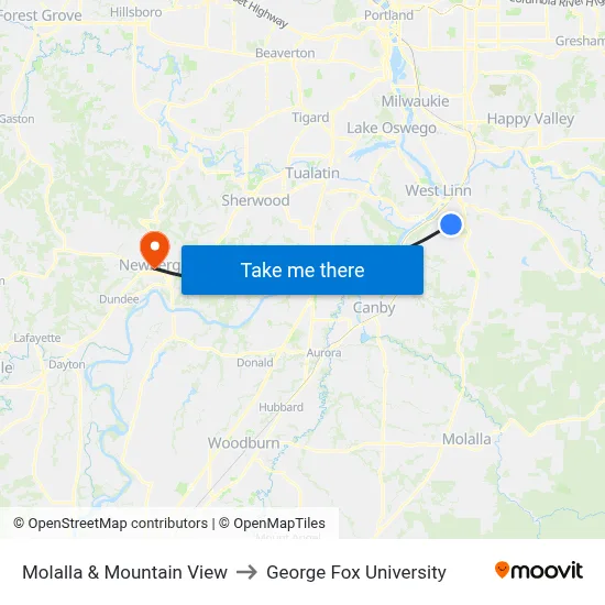 Molalla & Mountain View to George Fox University map