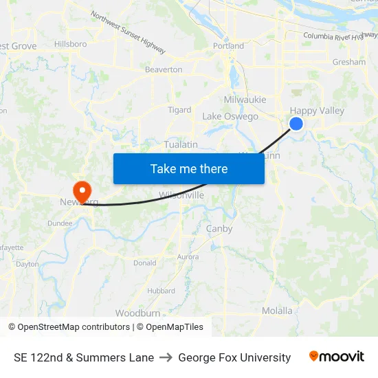 SE 122nd & Summers Lane to George Fox University map