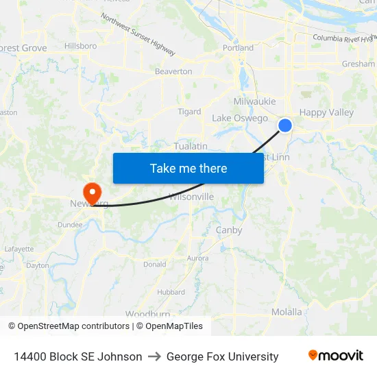 14400 Block SE Johnson to George Fox University map