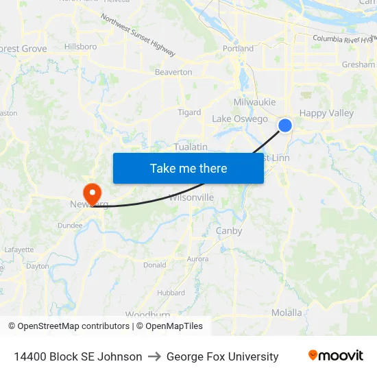 14400 Block SE Johnson to George Fox University map