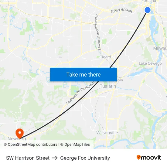 SW Harrison Street to George Fox University map