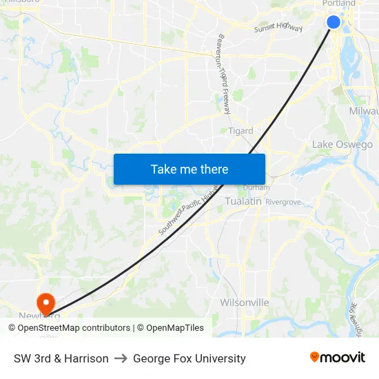 SW 3rd & Harrison to George Fox University map
