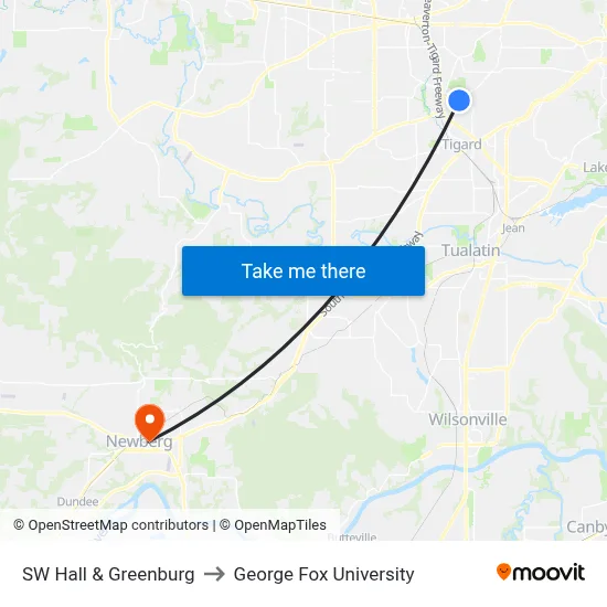 SW Hall & Greenburg to George Fox University map
