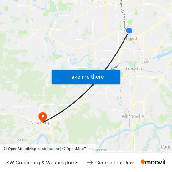 SW Greenburg & Washington Square Rd to George Fox University map