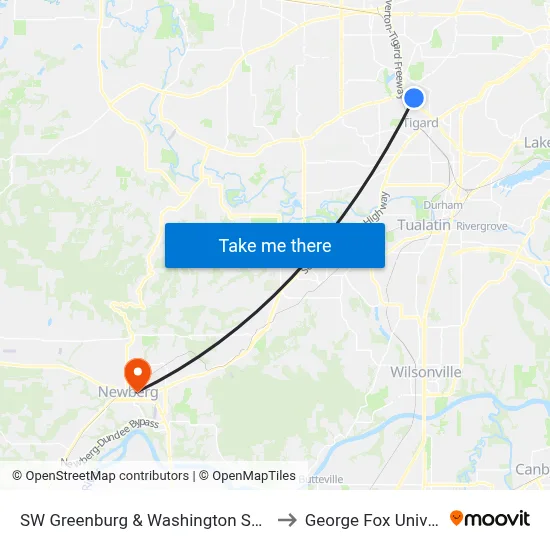SW Greenburg & Washington Square Rd to George Fox University map