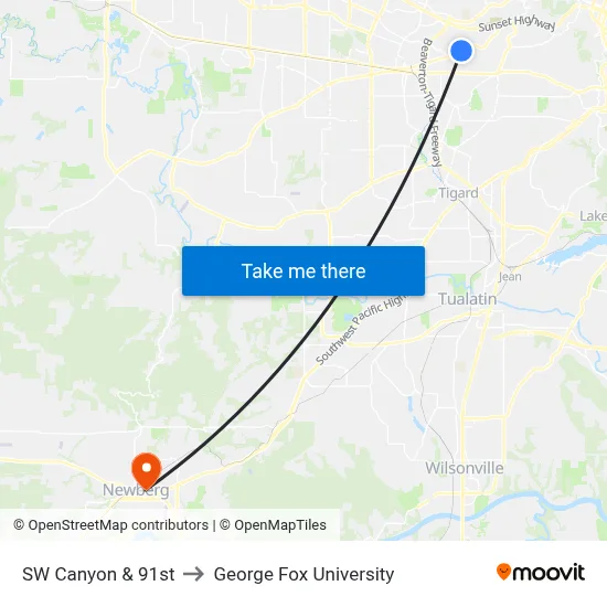 SW Canyon & 91st to George Fox University map