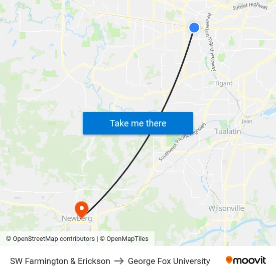 SW Farmington & Erickson to George Fox University map