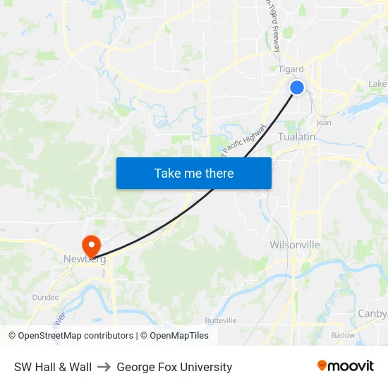 SW Hall & Wall to George Fox University map