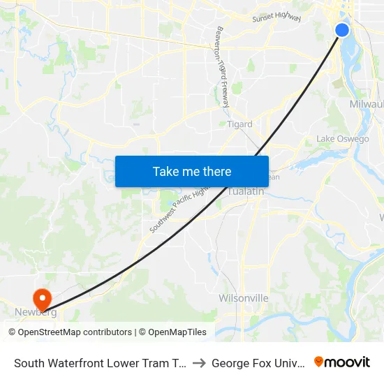 South Waterfront Lower Tram Terminal to George Fox University map