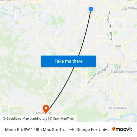 Merlo Rd/SW 158th Max Stn Turnaround to George Fox University map