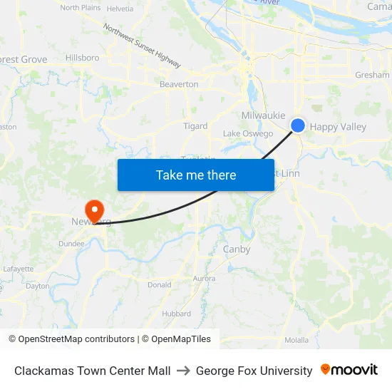 Clackamas Town Center Mall to George Fox University map