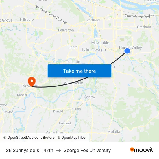SE Sunnyside & 147th to George Fox University map