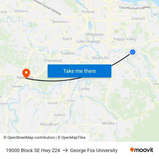 19000 Block SE Hwy 224 to George Fox University map