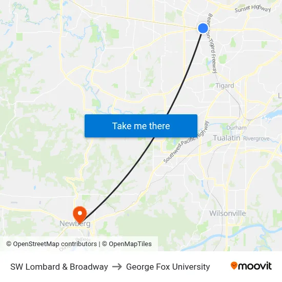 SW Lombard & Broadway to George Fox University map
