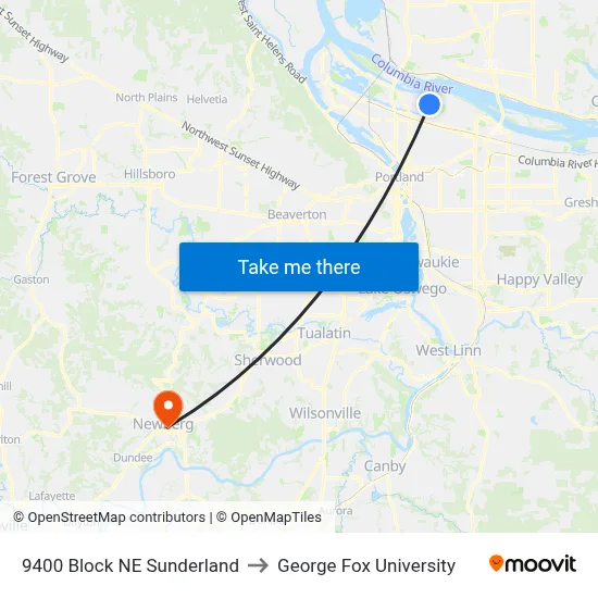 9400 Block NE Sunderland to George Fox University map
