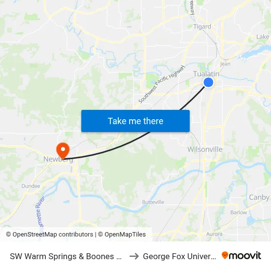 SW Warm Springs & Boones Ferry to George Fox University map