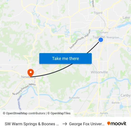 SW Warm Springs & Boones Ferry to George Fox University map