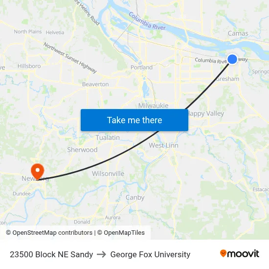 23500 Block NE Sandy to George Fox University map
