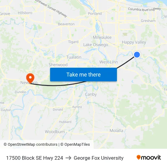 17500 Block SE Hwy 224 to George Fox University map