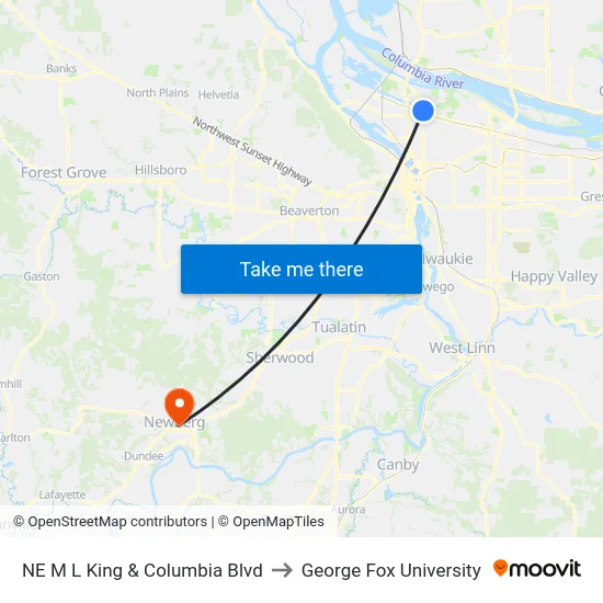 NE M L King & Columbia Blvd to George Fox University map