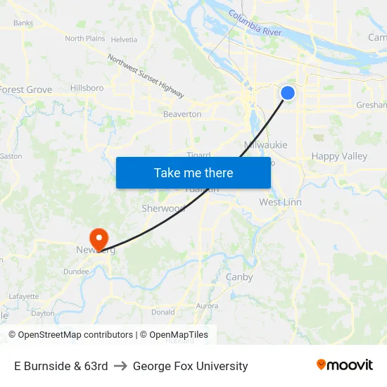 E Burnside & 63rd to George Fox University map