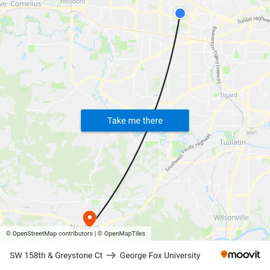 SW 158th & Greystone Ct to George Fox University map