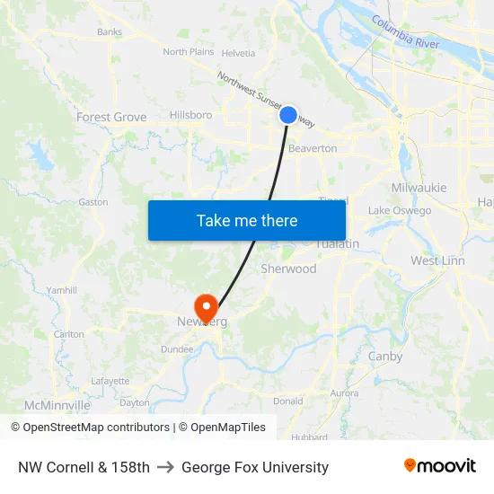 NW Cornell & 158th to George Fox University map