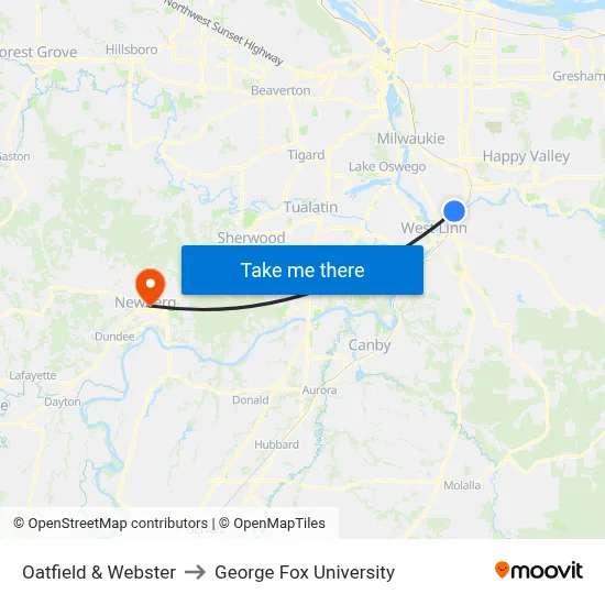 Oatfield & Webster to George Fox University map