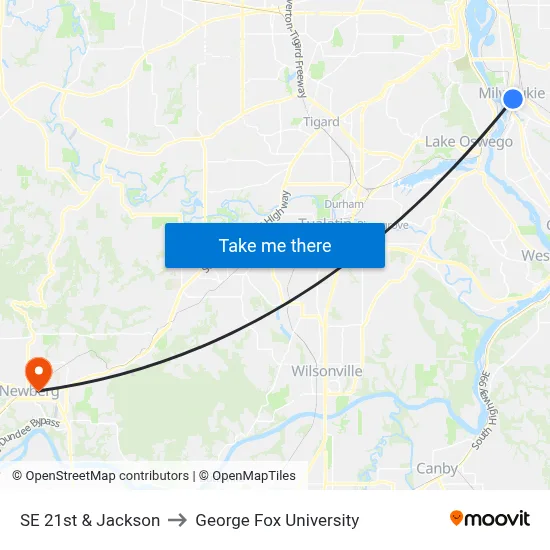 SE 21st & Jackson to George Fox University map