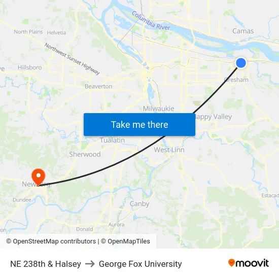 NE 238th & Halsey to George Fox University map