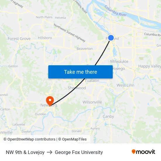 NW 9th & Lovejoy to George Fox University map