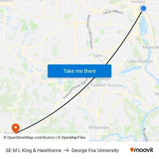 SE M L King & Hawthorne to George Fox University map