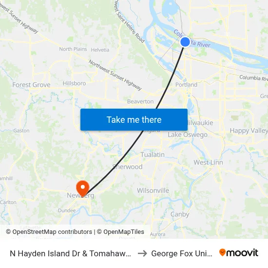 N Hayden Island Dr & Tomahawk Island Dr to George Fox University map