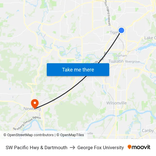 SW Pacific Hwy & Dartmouth to George Fox University map