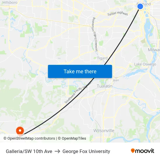 Galleria/SW 10th Ave to George Fox University map