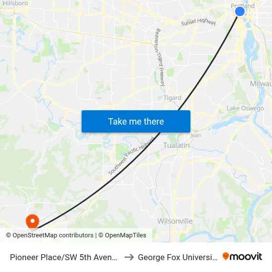 Pioneer Place/SW 5th Avenue to George Fox University map