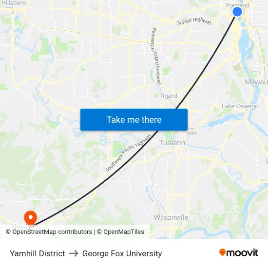 Yamhill District to George Fox University map