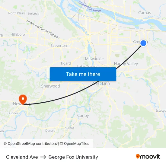 Cleveland Ave to George Fox University map