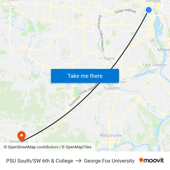 PSU South/SW 6th & College to George Fox University map