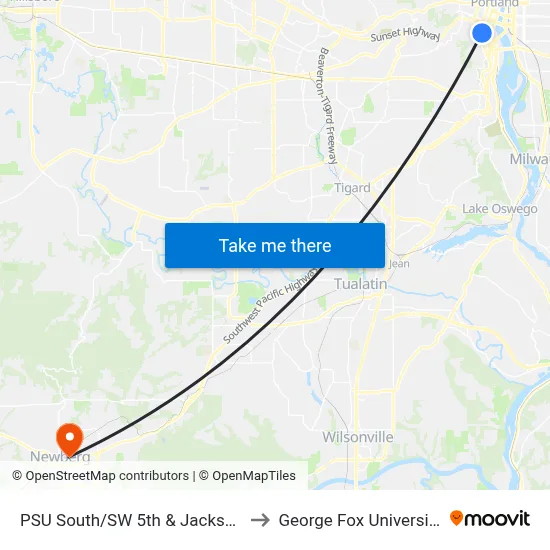 PSU South/SW 5th & Jackson to George Fox University map