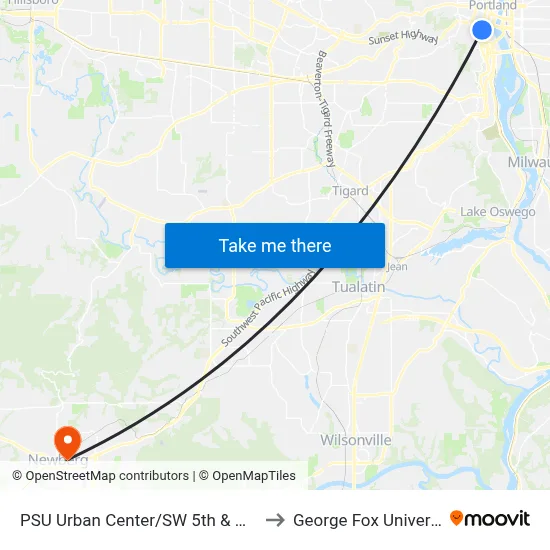 PSU Urban Center/SW 5th & Mill St to George Fox University map