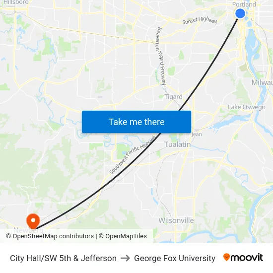 City Hall/SW 5th & Jefferson to George Fox University map