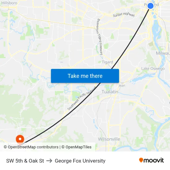 SW 5th & Oak St to George Fox University map