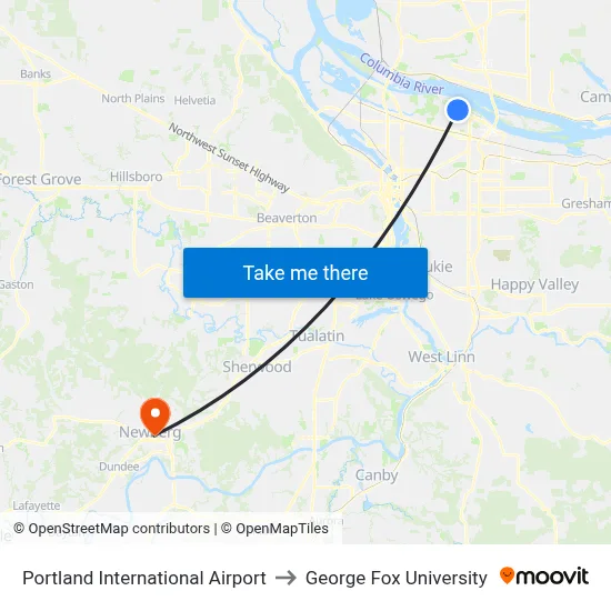 Portland International Airport to George Fox University map