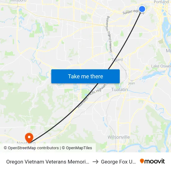 Oregon Vietnam Veterans Memorial (Southbound) to George Fox University map